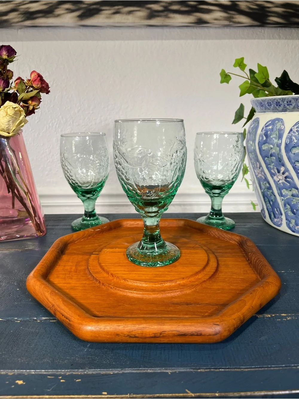 vintage Libbey Orchard Fruit Spanish green water goblet replacement set of 3